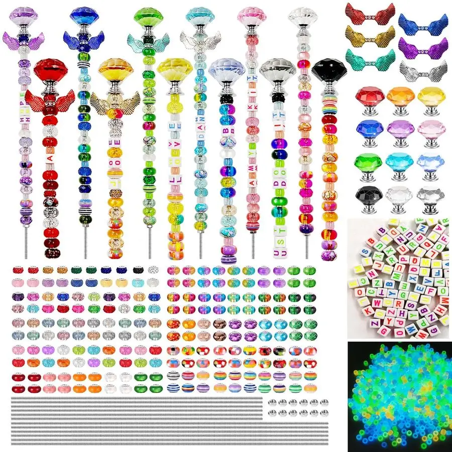 

442PCS Beaded Garden Stakes Kit with GlowinTheDark Beads, Letter Beads amp Wings, 200 Beads for Fairy Garden Stakes, 12 Threaded