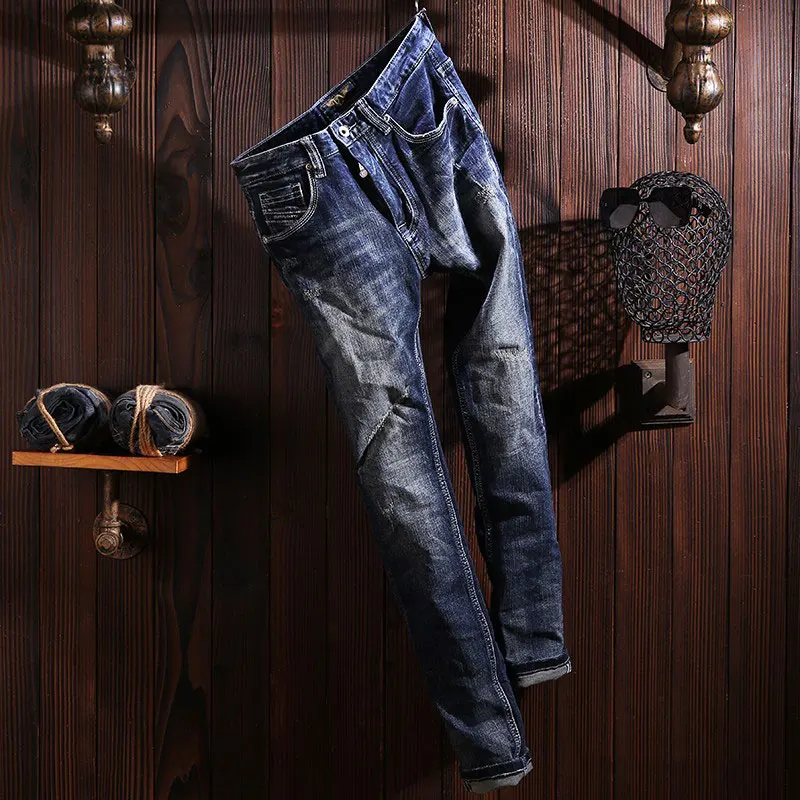 Fashion Designer Men Jeans High Quality Retro Blue Stretch Slim Fit Ripped Jeans Men Italian Style Vintage Denim Pants Hombre