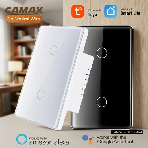 2 Gang Tuya WiFi Smart Switch US Need‑Neutral Wire Required Glass Touch Light Switch Work with Alexa Google Home Wireless
