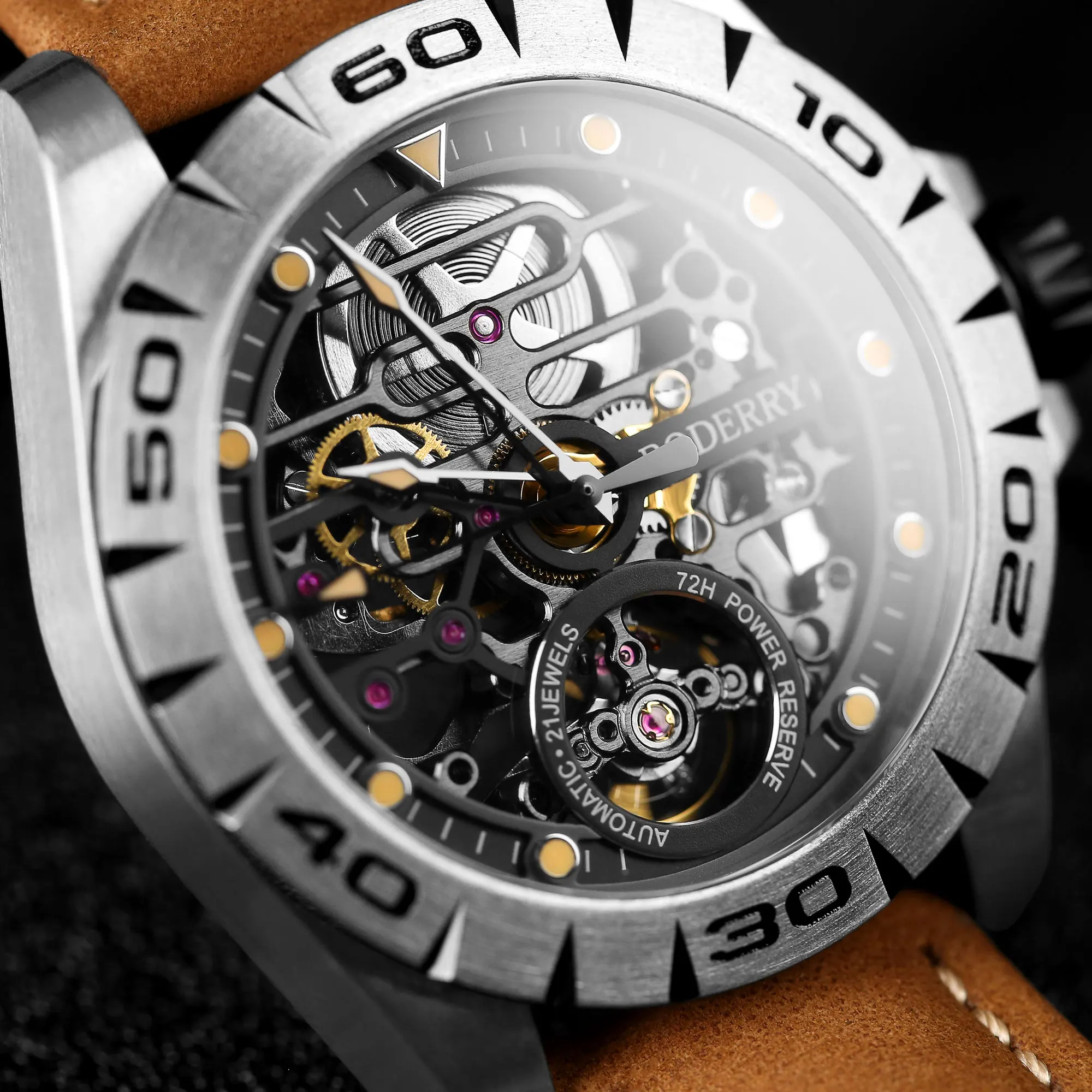 Boderry Urban Men\'s Titanium Watches Top Brand Fashion Skeleton Automatic Mechanical Waterproof Watch Hi-beat 72H Power-reserve