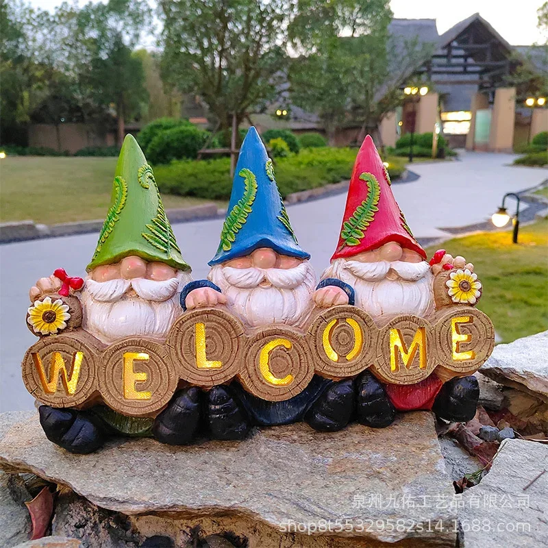 Solar LED Gnomes Figurines Outdoor Garden Dwarf Statue Yard Lawn Art Craft Resin Ornament With Light Household  Decoration