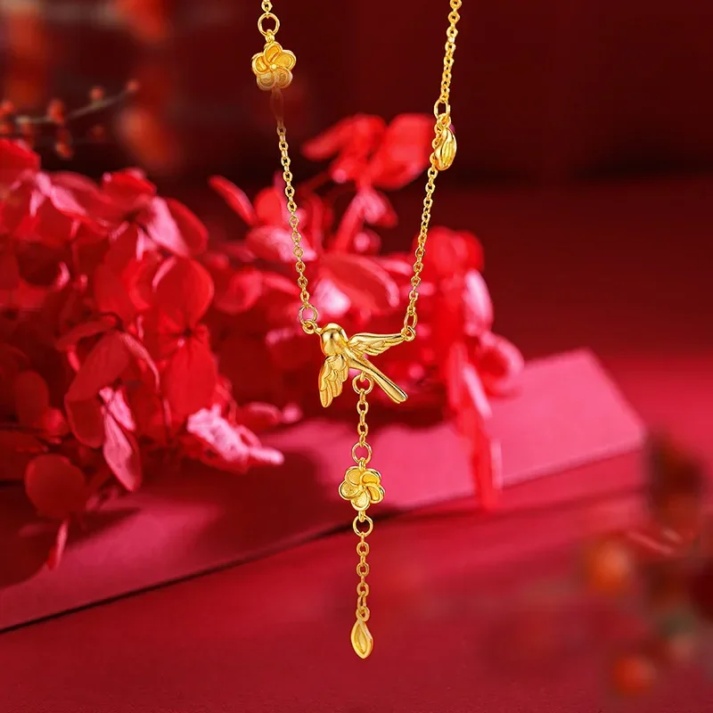 9999 Real Gold 24K Twelve Flowers Goddess Eyebrow Set Chain Premium Magpie Clavicle Necklace