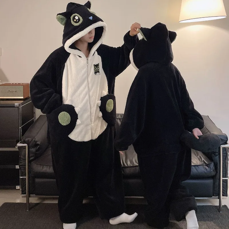 Kigurumi Adults Couples Pajamas Kawaii Cat Onesie Thick Hooded Sleepwear Woman Men One-Piece Homewear Winter Plush Loungewear image 4