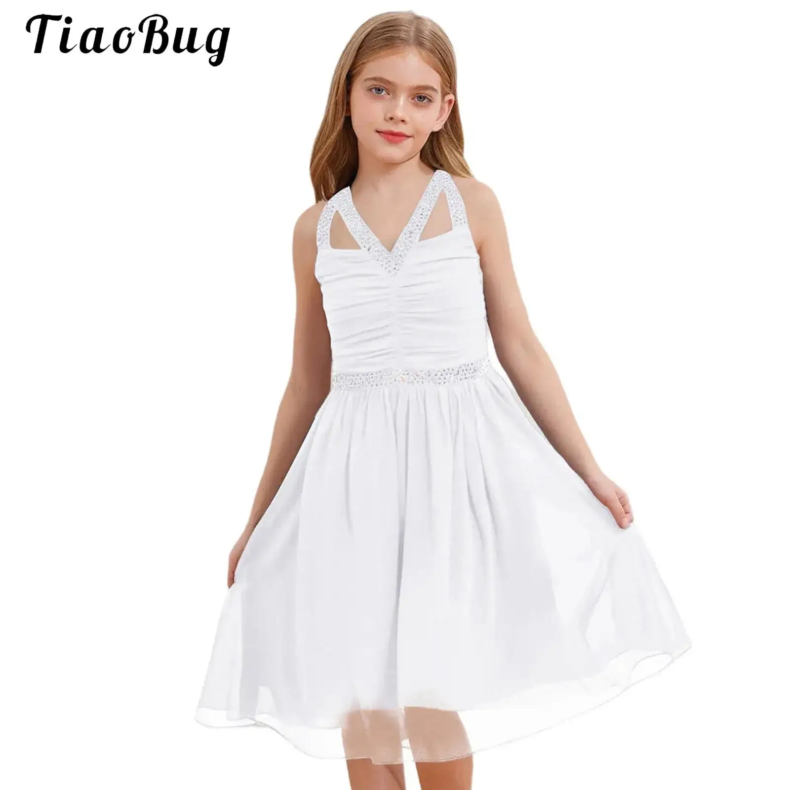 

Rhinestone Girls Dress Spaghetti Strap Knee Length Ruched Chiffon Birthday Party Formal Dress Flower Girls Wedding Banquet Gown