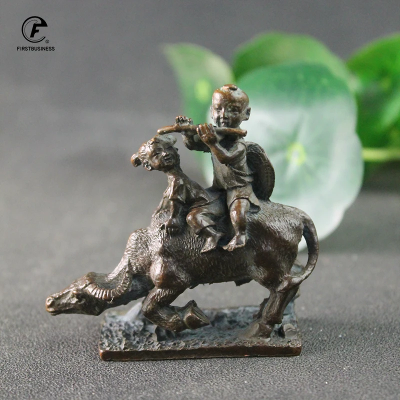 Antique Copper Little Children flute Riding Bull Small Statue Home Decorations Crafts Vintage Animal Figurines Desktop Ornaments