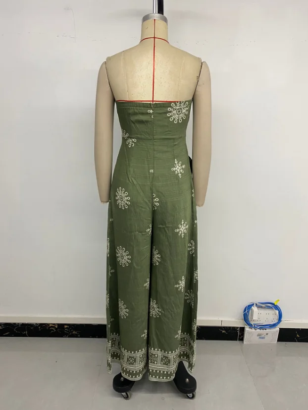 Casual Jumpsuit Women 2025 New Fashion Strapless vintage snowflake print wide leg jumpsuit Rompers Lace Up Casual Daily Jumpsuit - Image 6