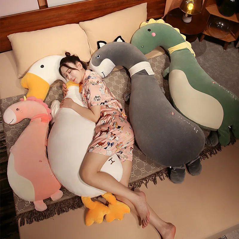 100/130cm Cartoon Stuffed Animals Plush Long Pillow Toy Cute Goose Unicorn Dinosaur Husky Peluche Bed Sleeping Pillow Cushion