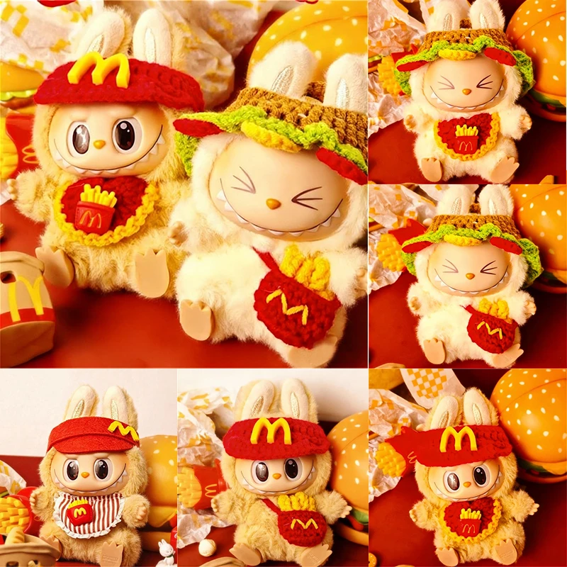 

For Labubu Doll Fast Food Workwear Outfit Clothing Cartoon Baby Bib Knitting Hambuger Fries M Cosplay Ropa Clothes Accessorie