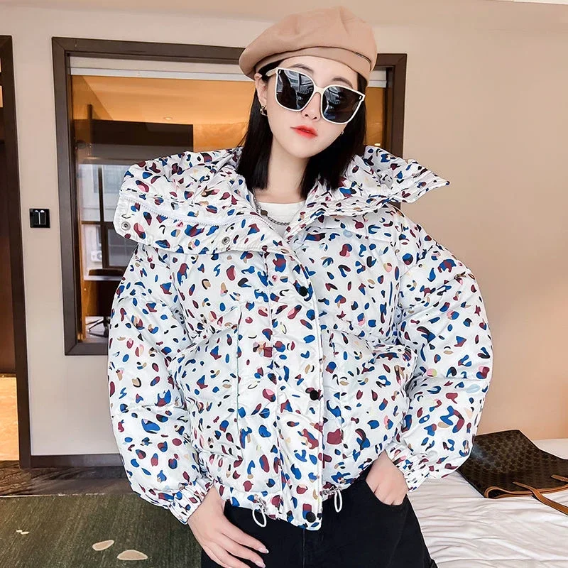 Kimotimo Winter Printed Quilted Coat Women 2024 Winter Short Fashion Zipper Hooded Bread Jacket Korean Style Casual Parkas Tops