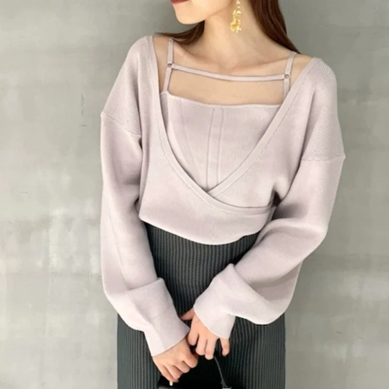 

Japan Chic Fake Two Piece Jumpers Cross V-neck Sling Patchwork Long Sleeve Sweater 2024 Autumn Winter Temperament Sueter Mujer