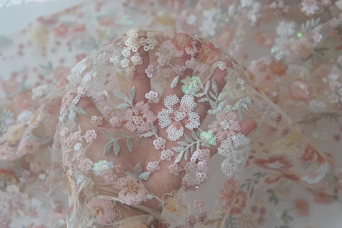 

1-ярдовая трехмерная многослойная ткань с блестками и вышивкой цветов, свадебное платье, ткань Cheongsam для шитья