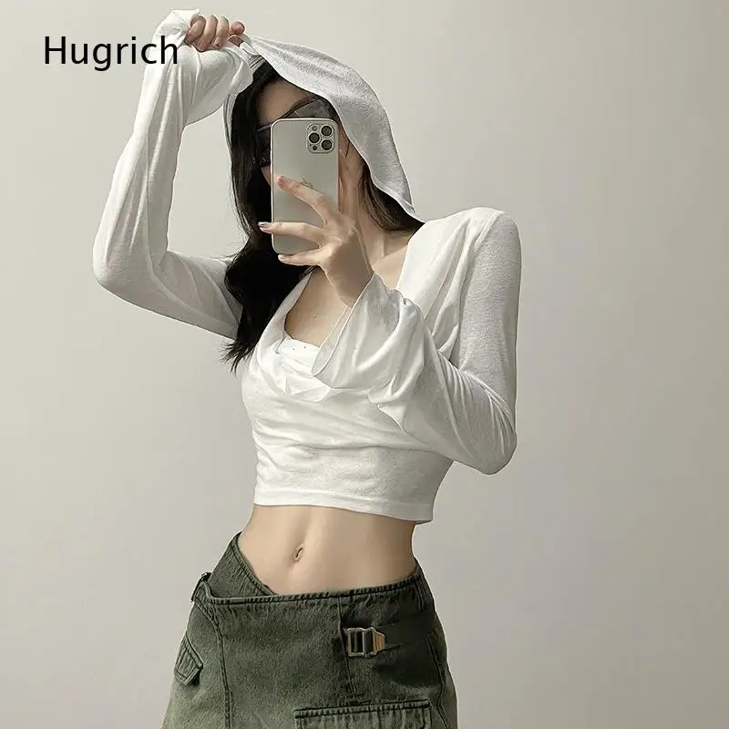 Lightweight Hooded Long Sleeve Crop Top Ruched V Neck Flared Cuff Slim Fit Short Hoodie for Y2K Street Daily Casual Wear
