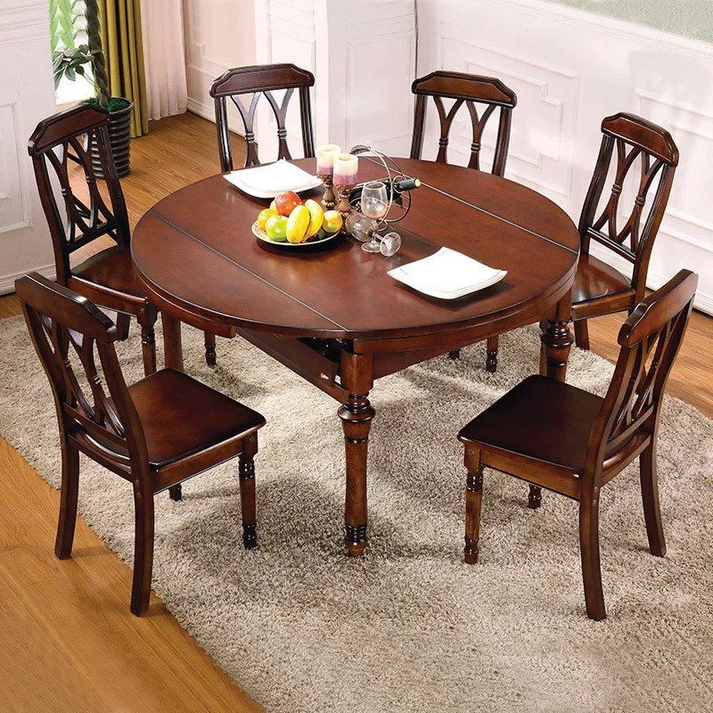 for American Rural Roman Column Small Apartment Retractable Square Round Dual Purpose Jumping Platform All Solid Wood Dining