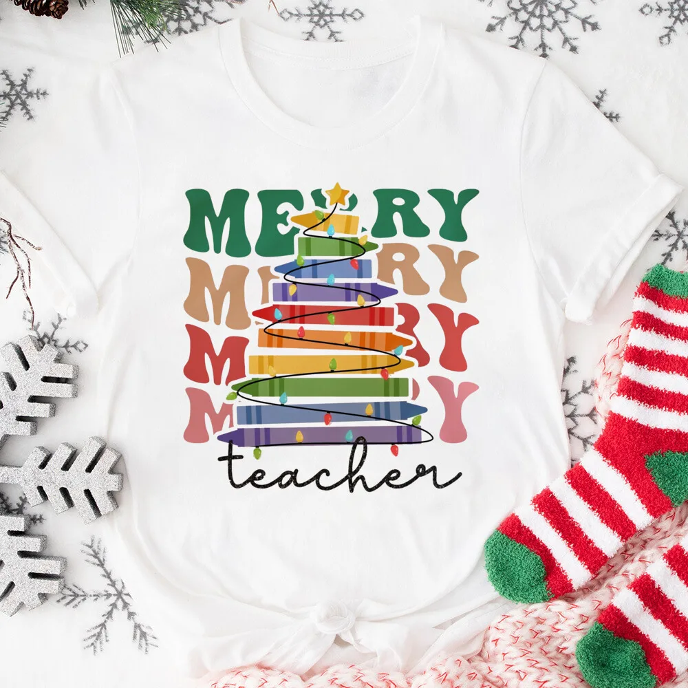 Merry Teacher Printed Shirt Christmas Teacher T-shirt Outfit Tee Xmas Gift for Teacher Cookie Teachers Short Sleeve Clothes Tops