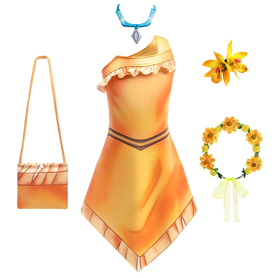 Girls Cosplay Cartoon Indian Princess Dress Halloween Disguise Frocks Necklace Beach Set Pocahontas Festival Role Play Costumes