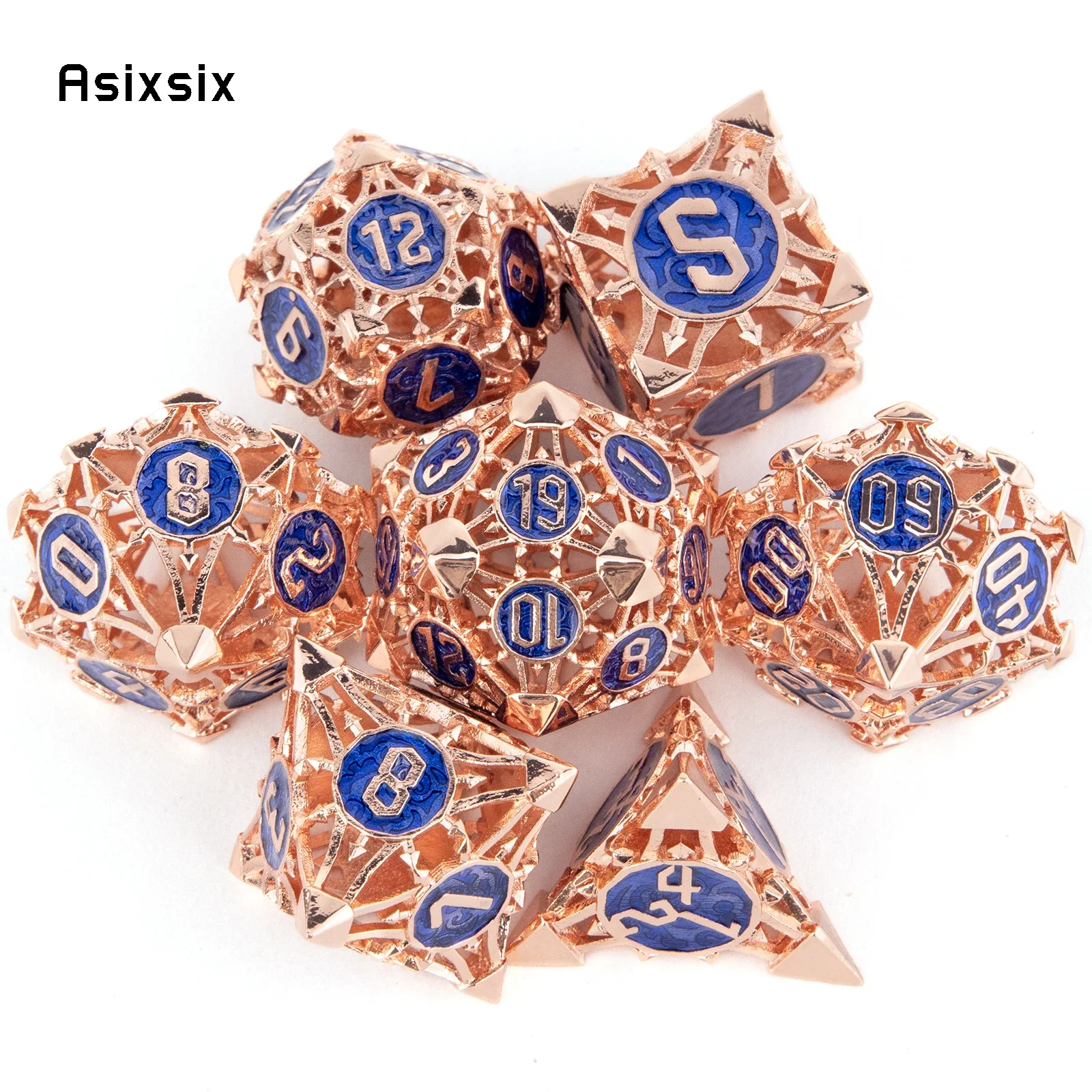 

7 Pcs Orange Blue Metal Dice Hollow Metal Polyhedral Dice Set Suitable for Role-Playing RPG Board Game Card Game