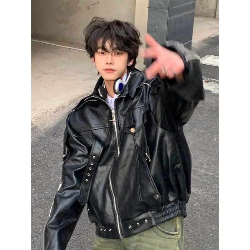 Trendy Short White Leather Jacket Men's Trendy Boys Locomotive Suit American High Street Tooling Jacket