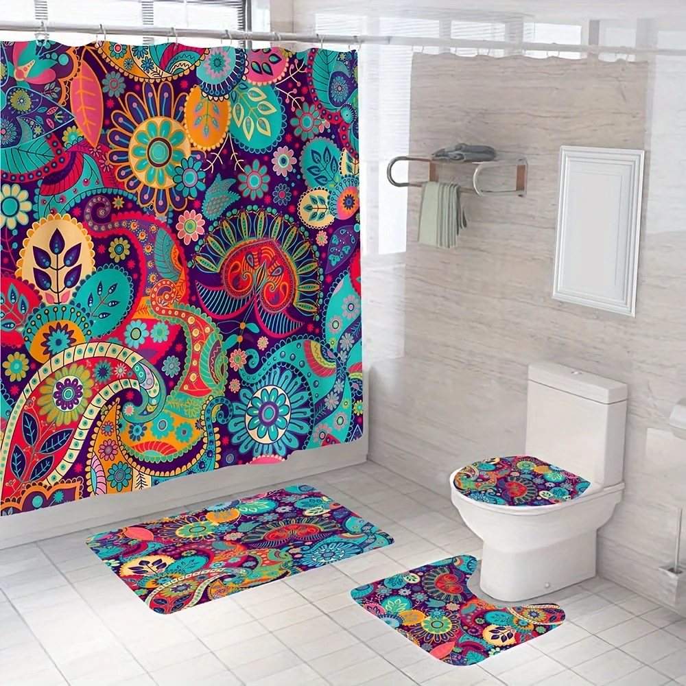 

Vibrant Bohemian Style Bathroom Set - Waterproof Shower Curtain, Toilet Lid Cover, Bath Mat, and Contour mats Combo