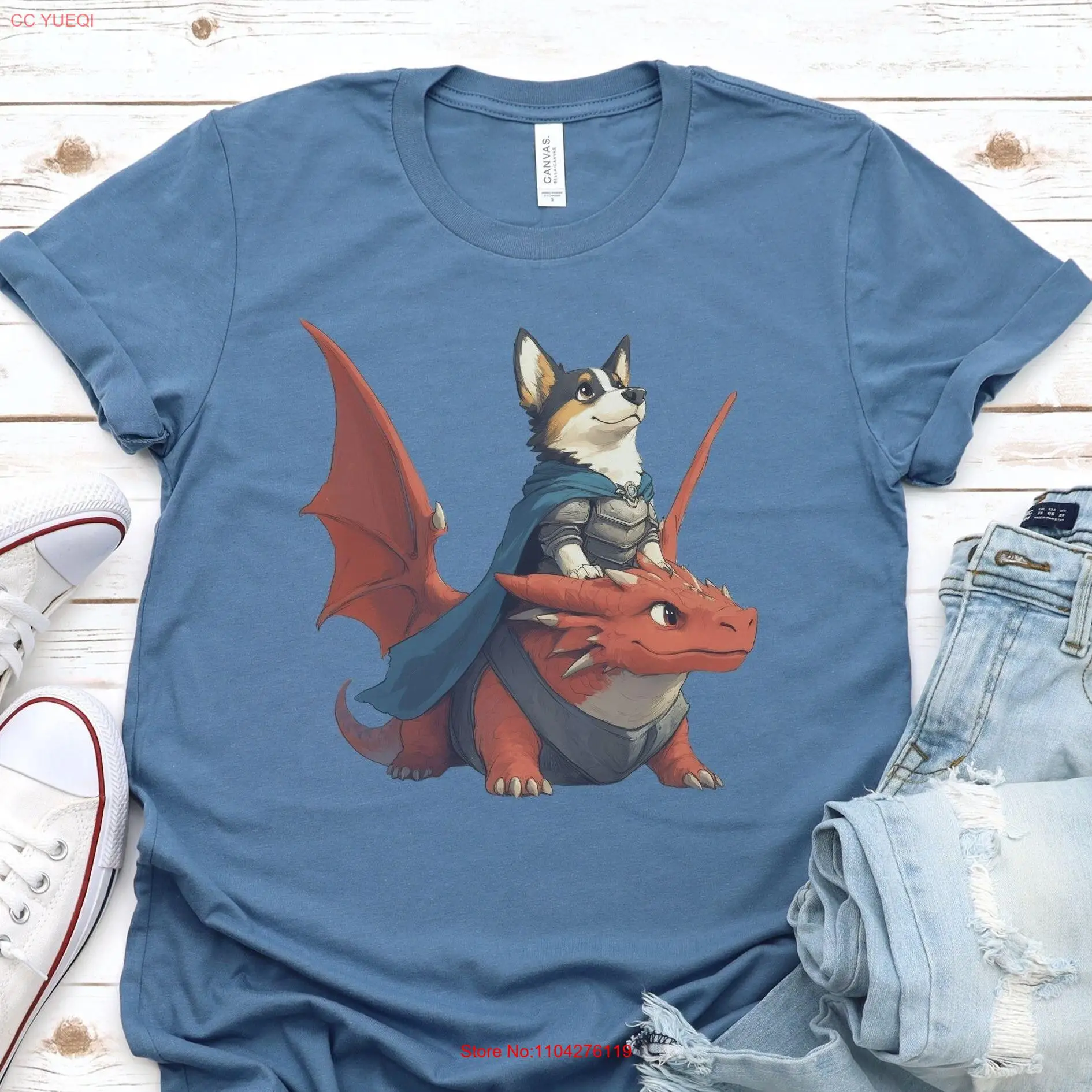 Whimsical Tricolor Corgi and Dragon T Shirt For Fantasy Fans Dog Lovers long or short sleeves