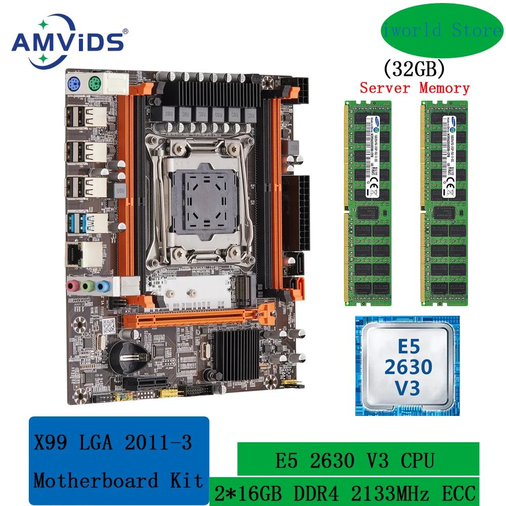 

Kit Xeon X99 Motherboard with E5 2630 V3 and 32GB(2*16GB) DDR4 2133MHz RECC Memory LGA 2011 V3 Combo Set SATA USB 3.0 M.2 NVME