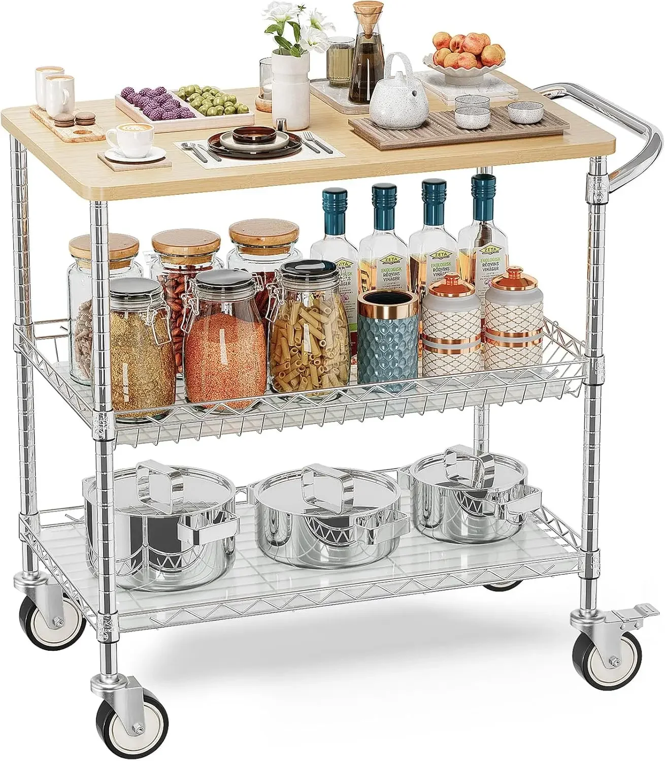 

Rolling Kitchen Carts with Wheels, 34" L x 17.5" W, 3-Tier Heavy Duty Utility Cart with Wood Tabletop, NSF Commercial Metal Serv