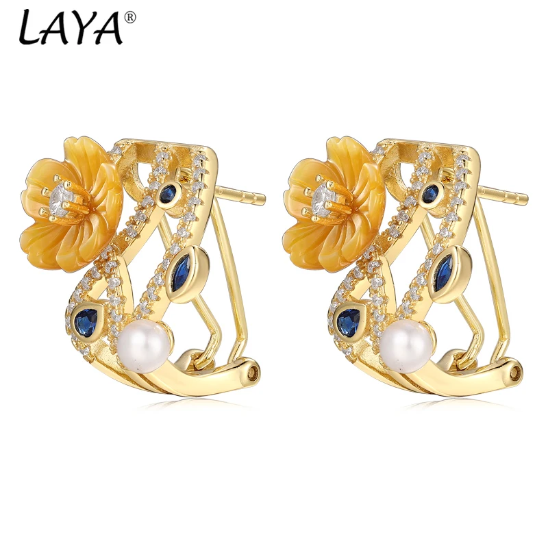 

Laya NEW 925 Sterling Silver White Bread Beads Luxury Jewelry Blue Crystal Zircon Natural Shell Flower Stud Earrings For Women