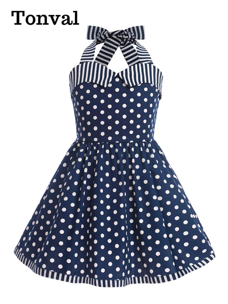 

Tonval Vintage Girls Dress Striped Halter Neck and Hem Polka Dot Print Rockabilly Princess Pleated Dresses for Kids