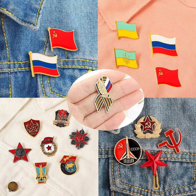 Russian Flag Brooch Ribbon Sign Badge With USSR Symbol Badge Patriotism Red Star Victory Day Lapel Pins Icon Backpack Decorative