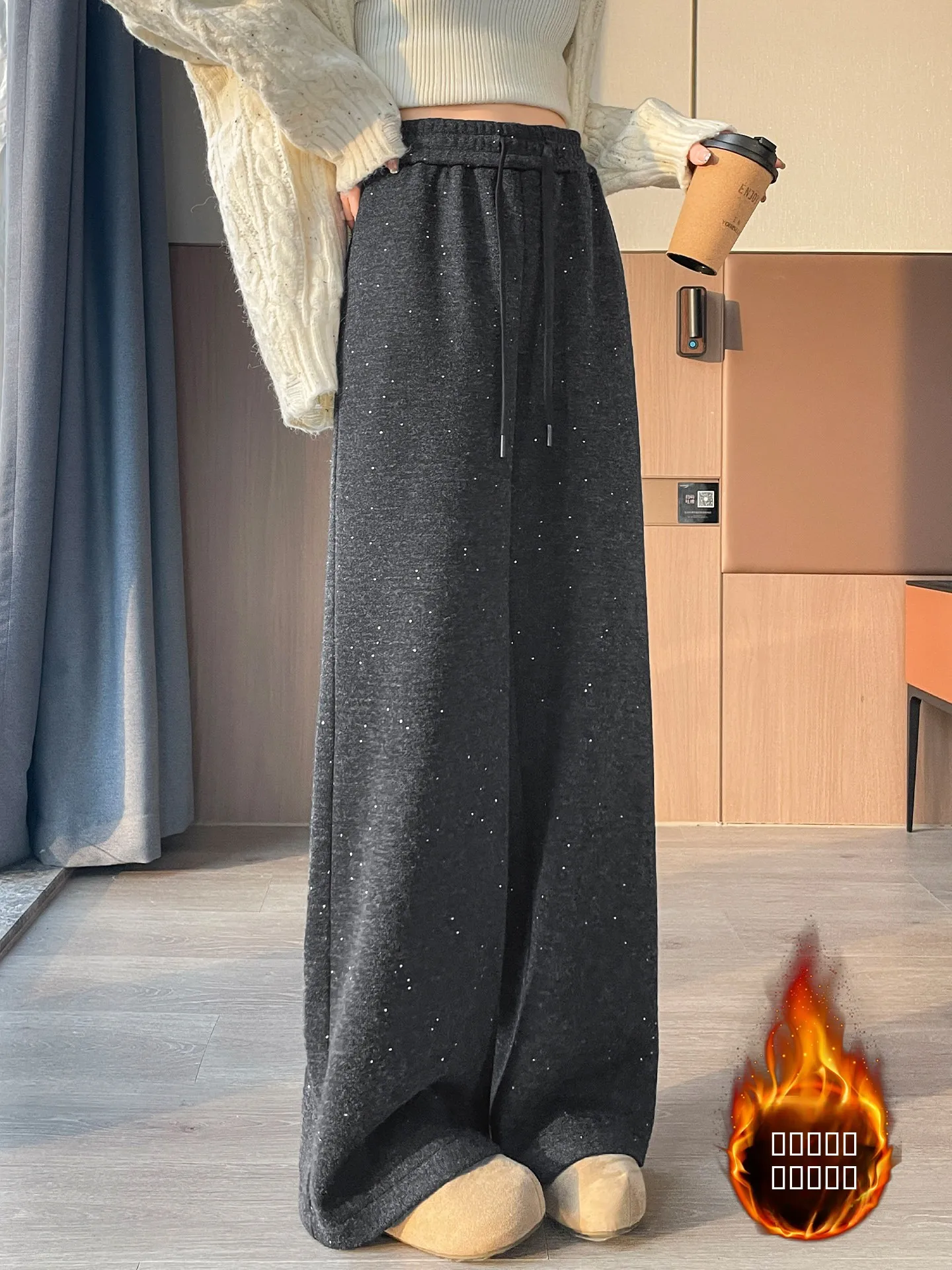 

iny Frosted Straight Leggings Women's Winter Warm Fce Lined Pants High Waist Elastic Waist Commute Sle ay