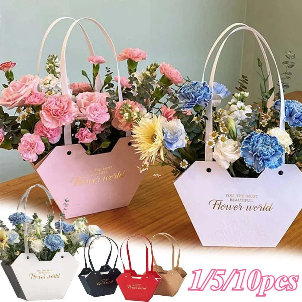 1/5/10pcs Heart Shaped Waterproof Tote Bag DIY Flower Arrangement Bag Kraft Embossed Flower Bag Candy Gift Bouquet PackagingBag