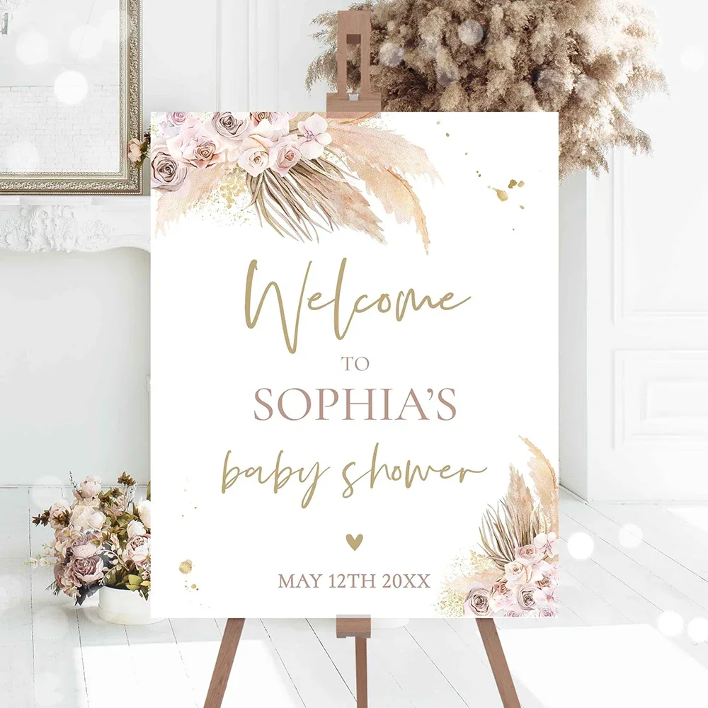 Custom Pampas Grass Baby Shower Welcome sign Poster Muted Tone Personalized Art Print Tropical Desert Wall Picture Party Decor