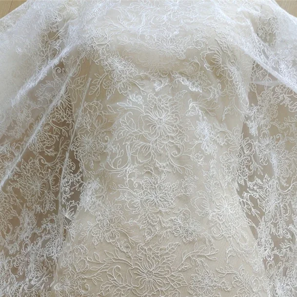 Home Using DIY Material Ivory 130CM Wide Good Quality Cotton Thread Embroidered Tulle Mesh Lace Plain Lace Fabric