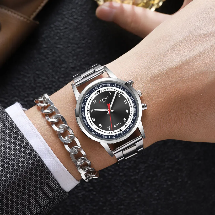 Korean fashion men\'s steel strap watch with iridescent blue light digital minimalist stainless steel strap quartz watch for men