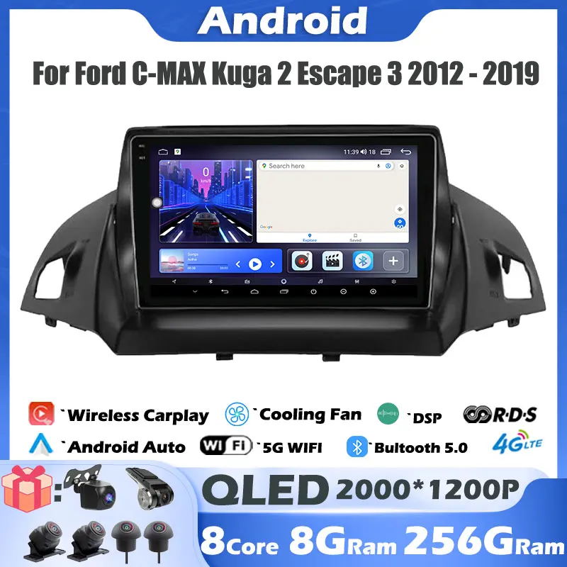 

IPS/QLED For Ford C-MAX Kuga 2 Escape 3 2012 - 2019 Android 14 Car Radio Multimedia Player Navigation GPS Carplay Head Unit 4G