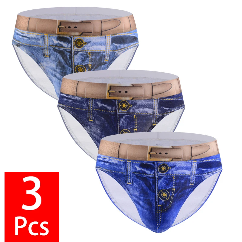 3PCS/lot Men Denim Underwear 3D Print Sexy Panties Jeans Style Shorts Boxers Cowboy U Convex Pouch Cotton Breathable Underpants