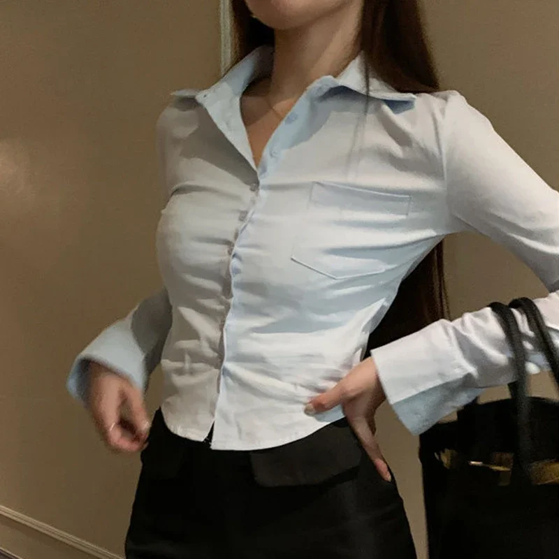 Elegante Frauen Koreanische Shirts Mode Streetwear Weibliche Dünne Bluse Frühling Y2K Casual Büro Damen Sexy Cropped Tops Neue