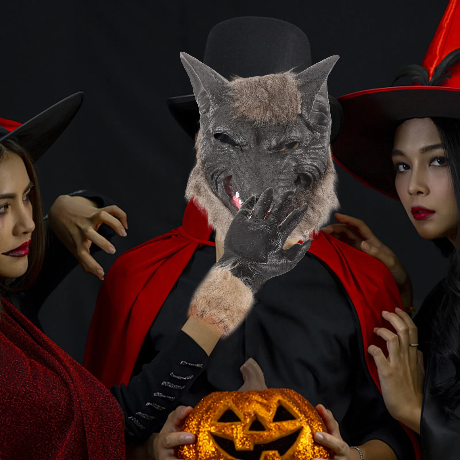 1 Juego de Fantástica Máscara de Látex de Cabeza de Lobo con Guantes de Patas a Juego para Fiestas Temáticas de Carnaval, Cosplay de Hombre Lobo, Guantes Decorativos Aterradoros