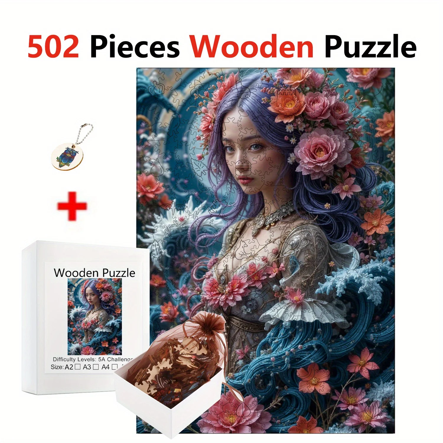 

Деревянный пазл, 502 шт., готический пазл с цветочным рисунком, фиолетово-розовой девушкой, темным фоном и яркими красными/розовыми/оранжевыми цветами