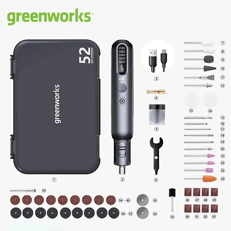 

Мини-шлифовальный станок Greenworks 8 В, беспроводной вращающийся инструмент, 52 шт., 80 Вт, электрическое шлифование, гравировка, литиевая батарея с переменной скоростью, электроинструменты