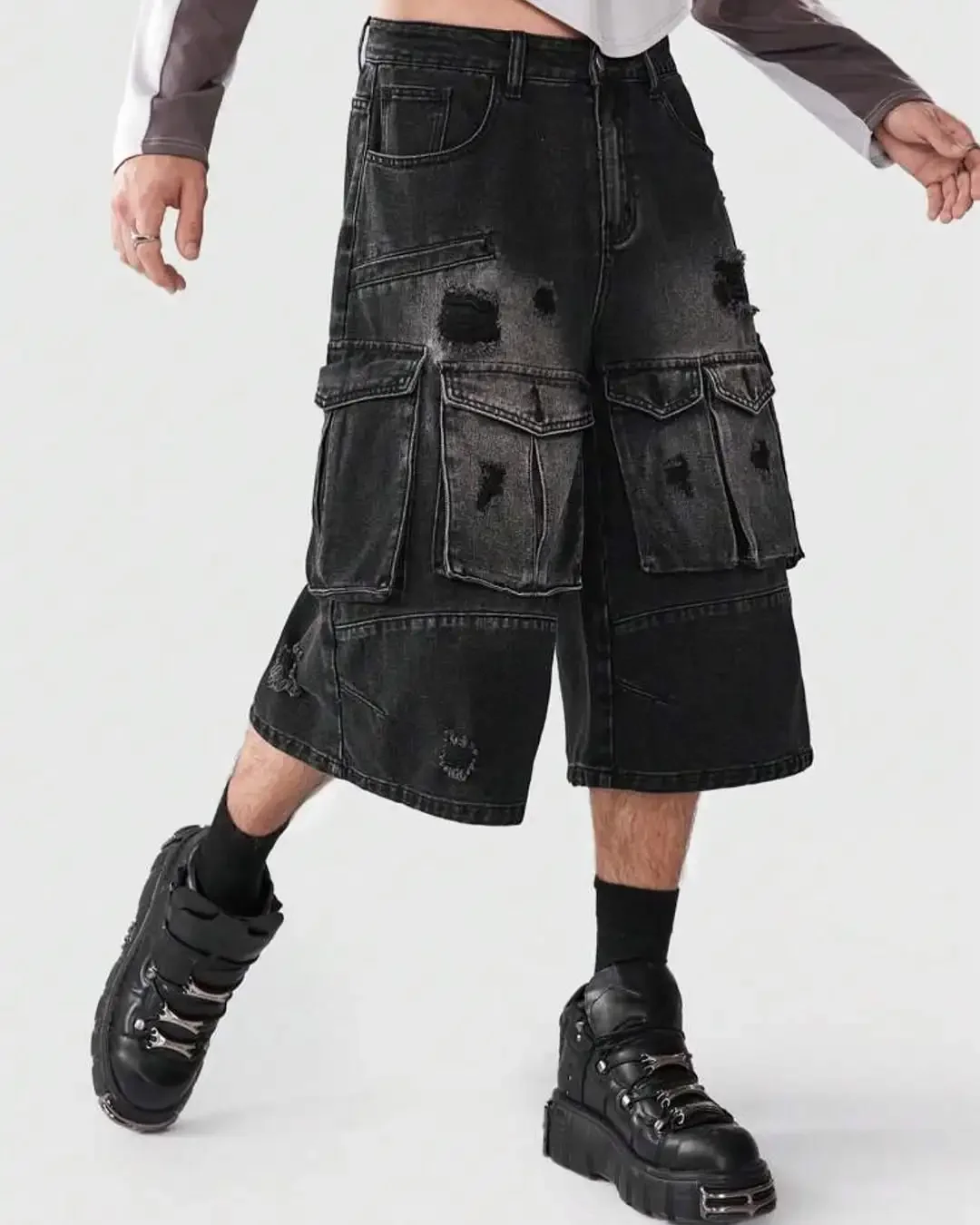 Design personalizzato retrò da strada Distruggi lavaggio Decorazione Pantaloncini di jeans da lavoro strappati Jeans larghi a cinque punti a gamba larga quotidiani da uomo