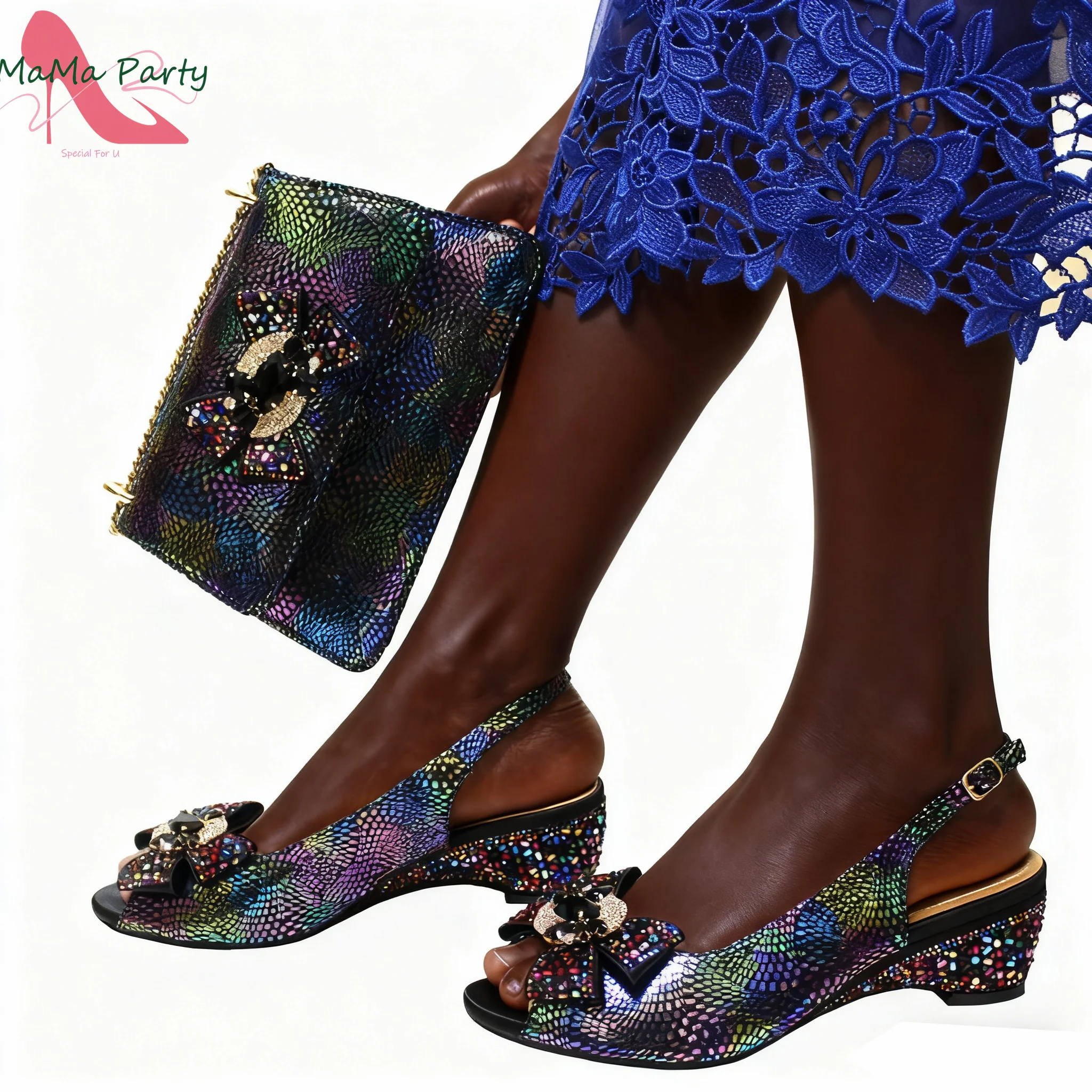 2025 Autumn New Design African Women Shoes and Bag to Match in Mix Color High Quality Full Crystal Comfortable Heels for Party