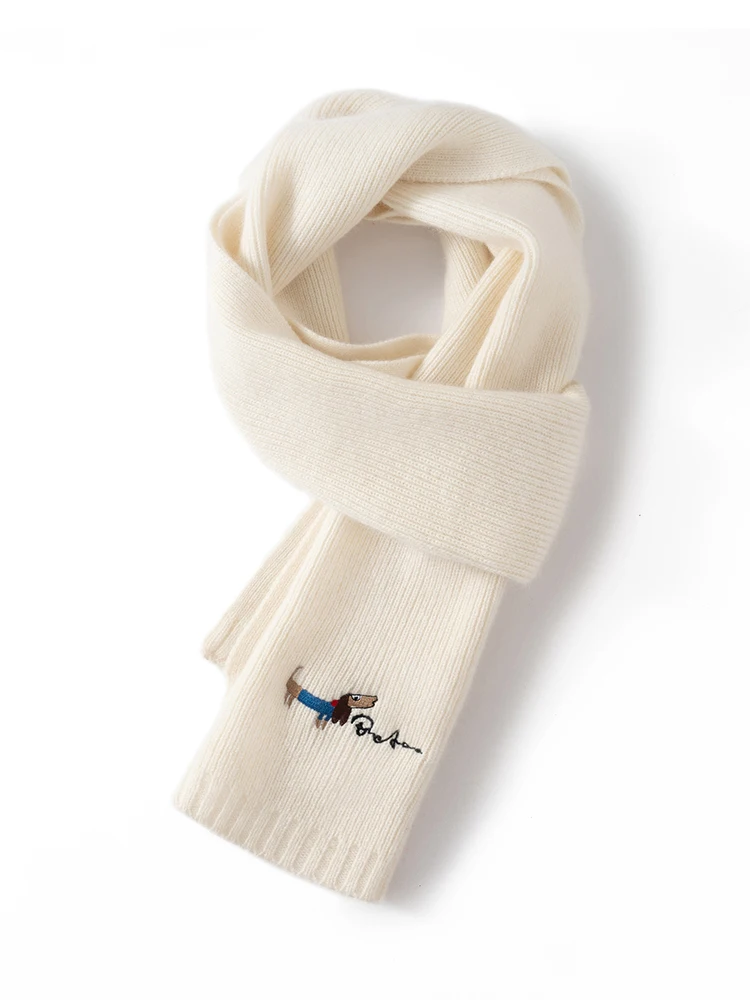 TLOML New Women's 100% Cashmere Scarf Embroidered Sausage Dog Scarf Autumn Winter Soft Warm Cashmere Knitted Fashion Comfy Tops
