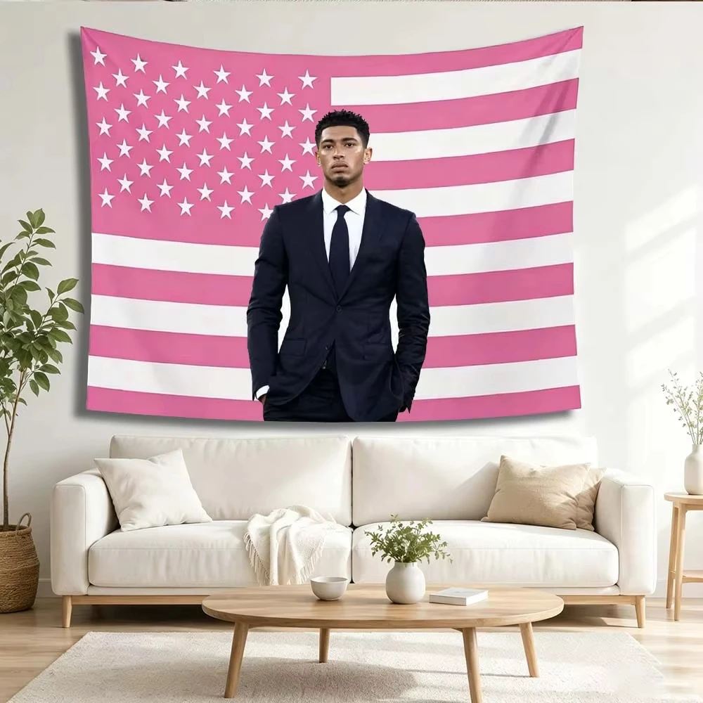 J-Jude B-Bellingham Football Star Tapestry Pink American Flag Portrait Print Wall Dorm Bedroom Man Cave Sports Fan Room Decor