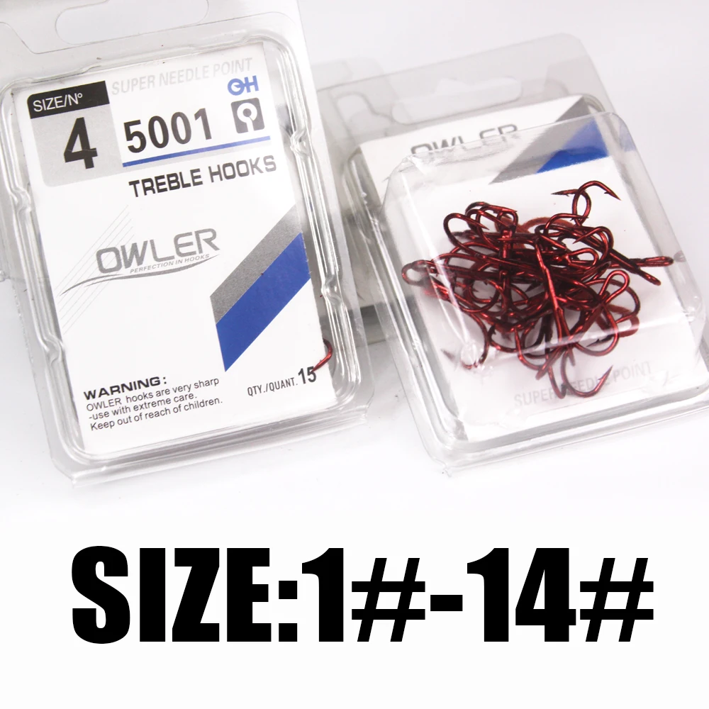 5001 15pcs/box Red Treble Hooks Size 1/2/4/6/8/10/12/14# Carbon Steel Barbed Fishhooks Super Sharp Triple Hooks Sea