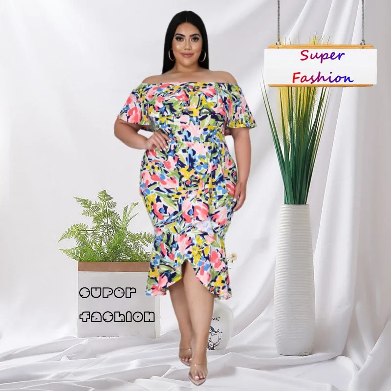 WSFEC XL-5XL Plus Size Dresses for Women 2023 Summer Fashion Printing Short Sleeve Ruffles Bodycon Elegant Long Dress Outfits