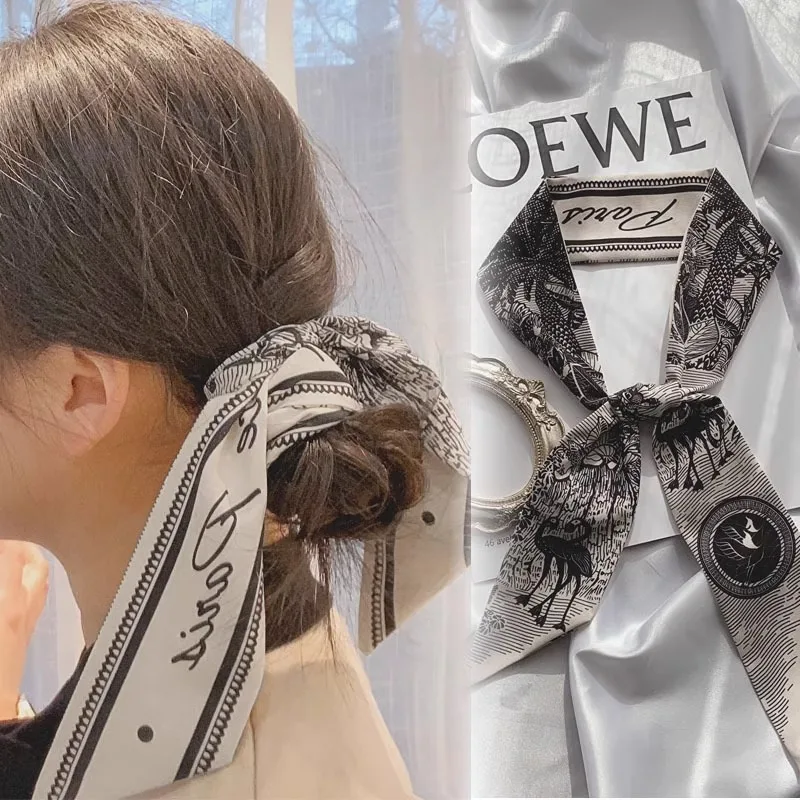 

Длинный узкий шарф в стиле ретро с геометрическим принтом для женщин — универсальная бандана для волос, платок в стиле бохо и аксессуар на ремешке для сумки