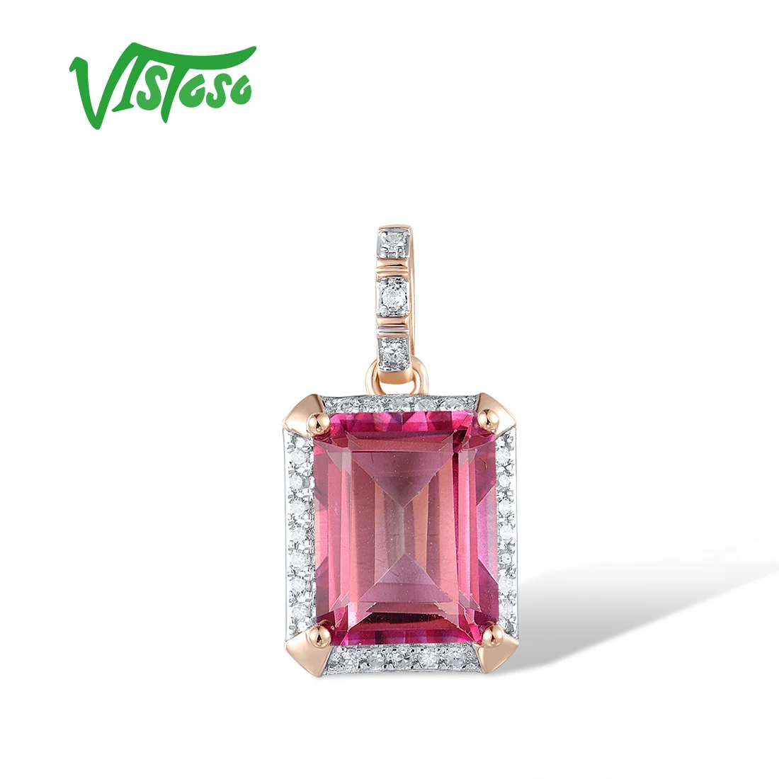 VISTOSO-Pingente Retangular para Mulheres, Ouro Rosa Amarelo, Diamante Espumante, Topázio Rosa, Princesa Clássico Jóias Finas, Real14K 585