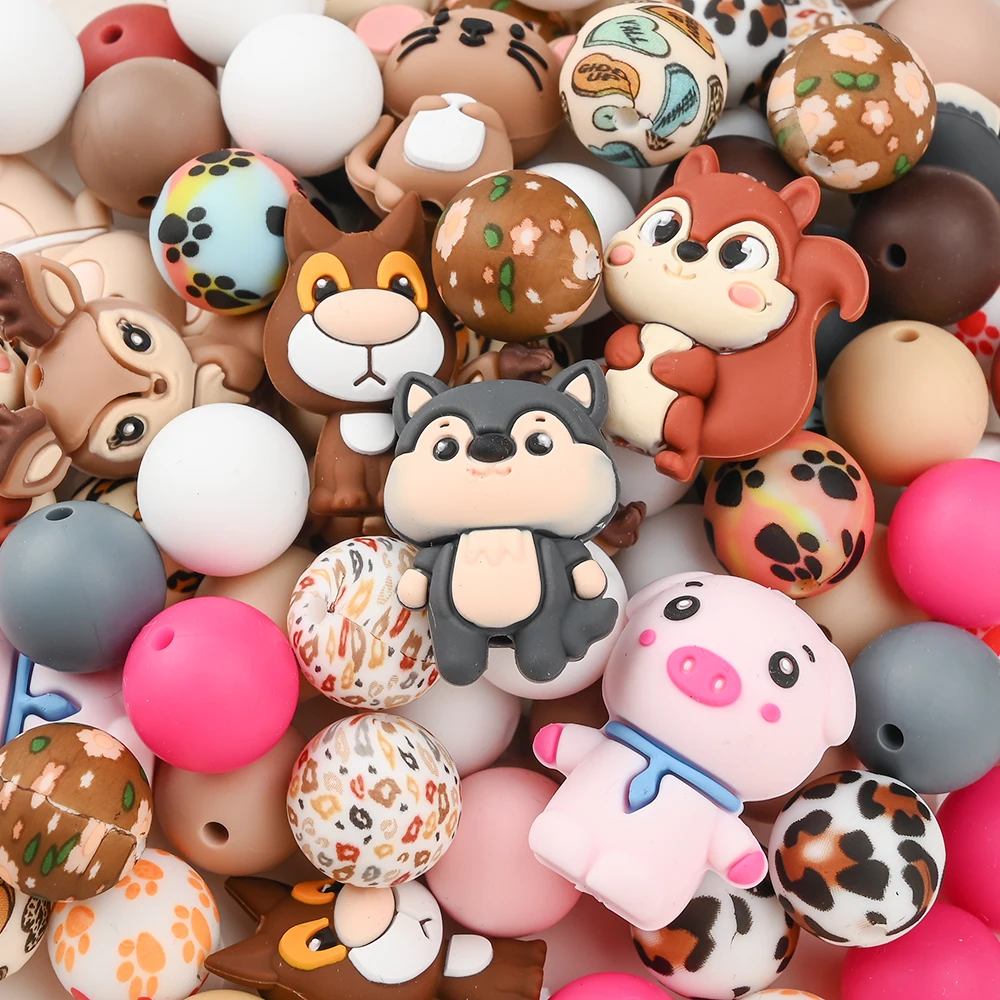 

32Pcs Mixed Silicone Beads Set Print Round Beads Animals Shape Focus Teether Beads for Handmade Pacifier Chain Clip Dummy Holder