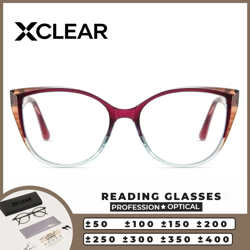 

XCLEAR Reading Glasses Women Burgundy Gradient Cat Eye Anti Blue Light Lightweight Skinny Face Versatile New Design Stylish