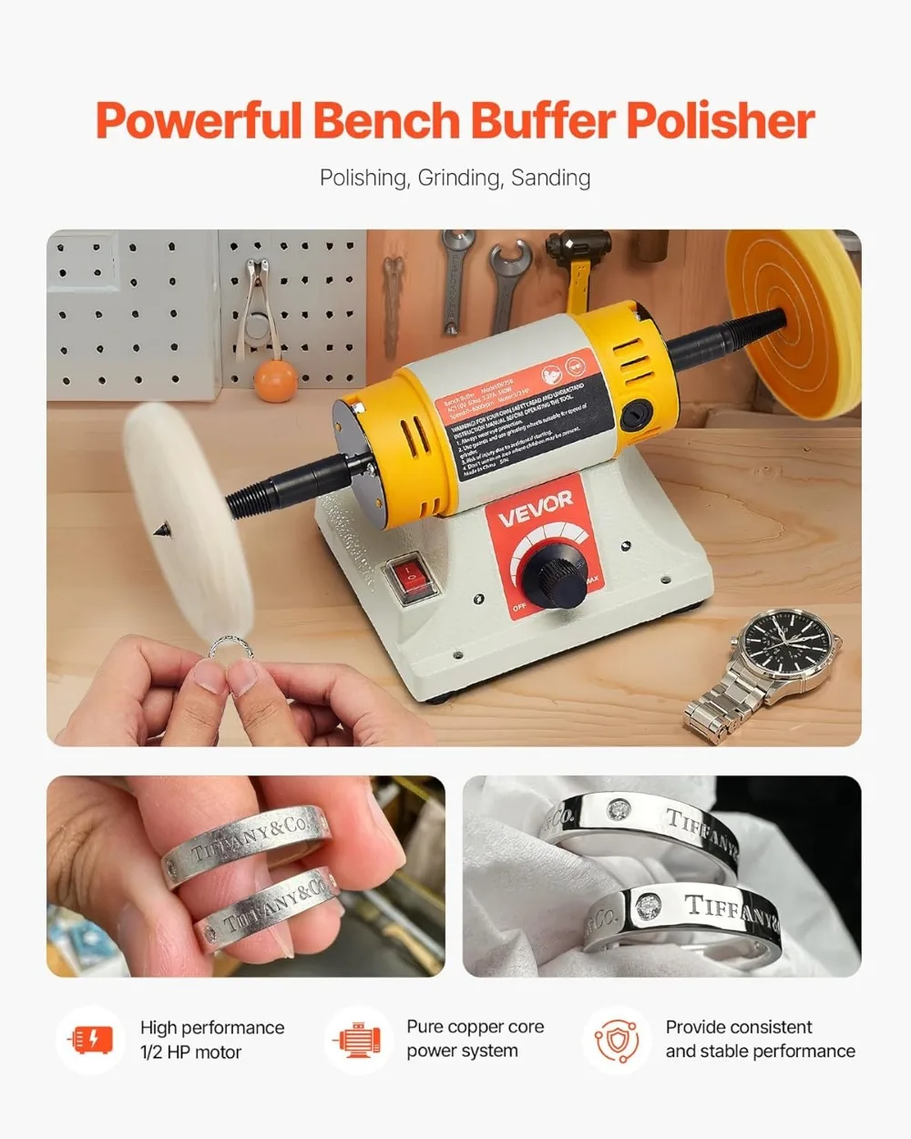 1/2HP Bench Buffer Polisher, 0-8000RPM with Cotton Wheels & Abrasive Wheels for Metal Jewelry Wood